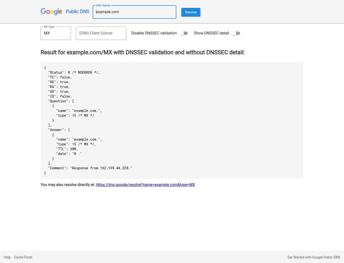 Public DNS lookup for example.com showing MX and TXT records including SPF