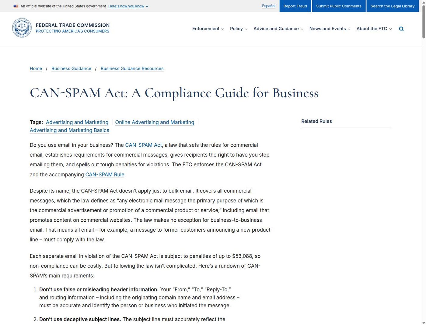 FTC CAN-SPAM Act compliance guide for business outlining commercial email requirements