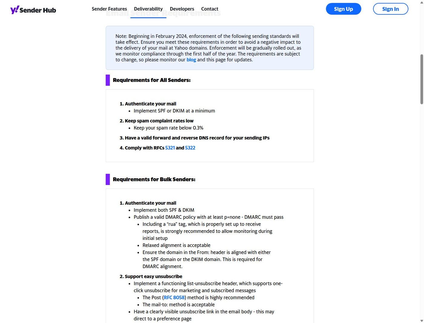 Yahoo sender best practices page covering authentication and sending requirements