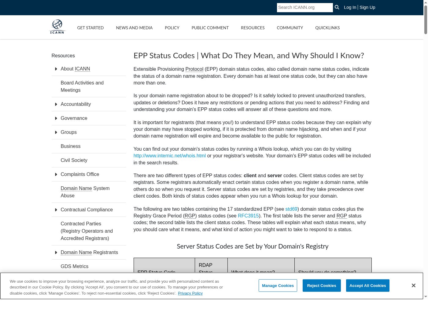 ICANN page explaining EPP status codes and what each one means for domain registrations