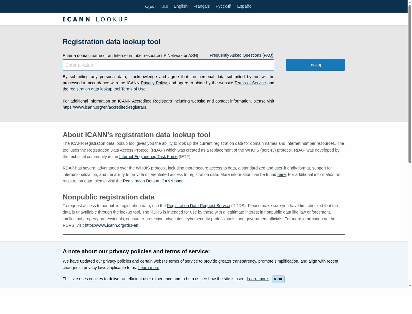 ICANN Lookup showing RDAP registration data and EPP status codes for example.com