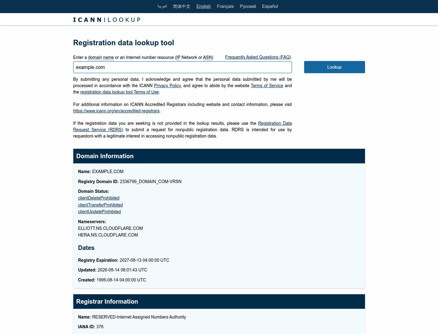 ICANN Lookup for example.com showing clientTransferProhibited and related domain status codes