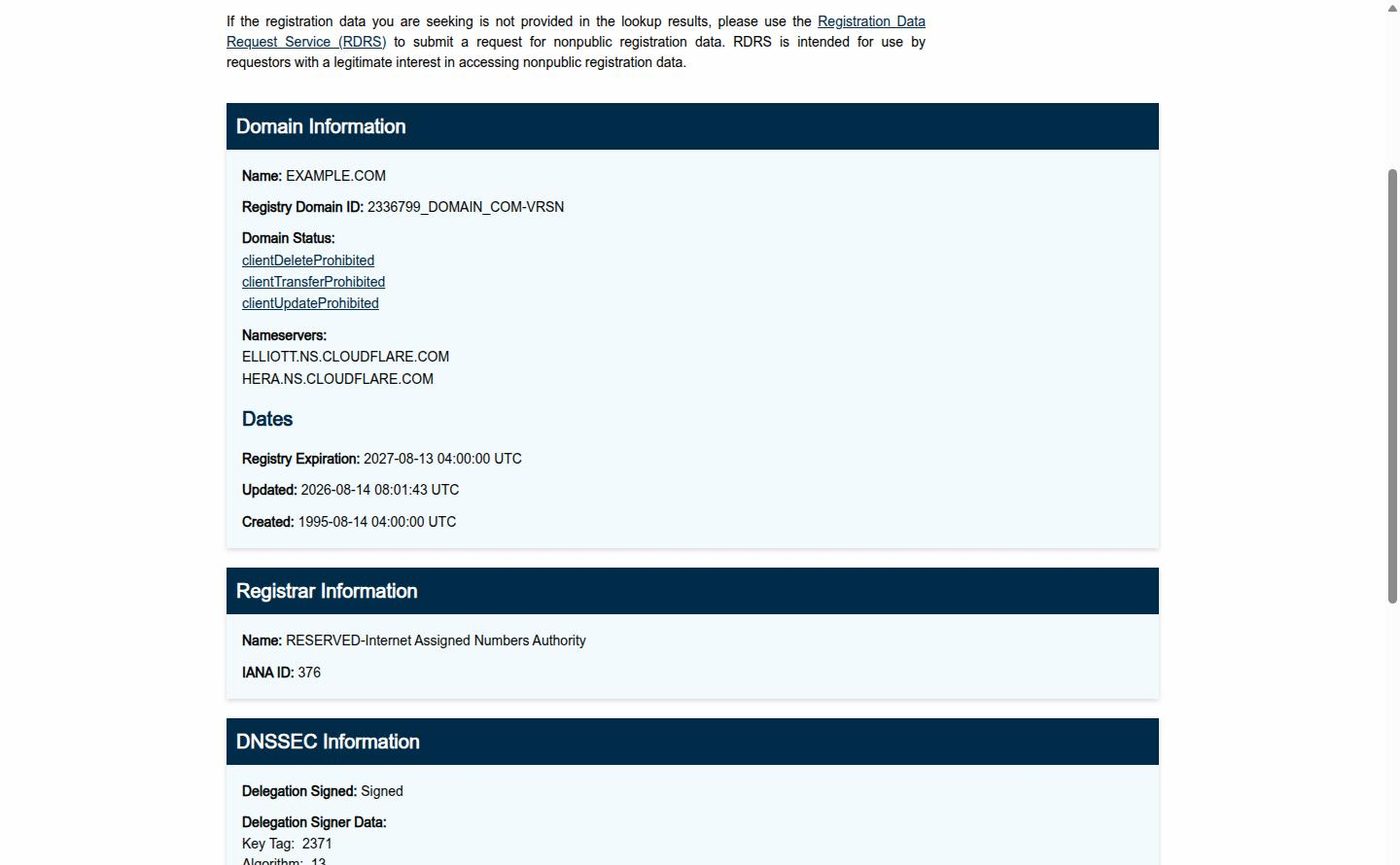 ICANN Lookup for example.com showing registry dates and domain status codes