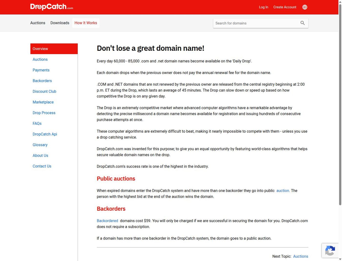 DropCatch How It Works page describing the daily drop, backorders, and public auctions when more than one backorder exists