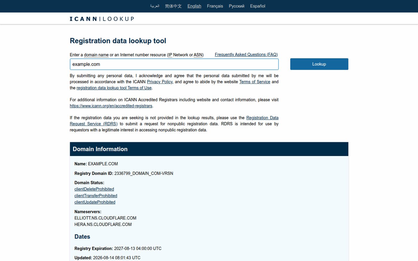 ICANN Lookup results for example.com showing Domain Status codes and the Registry Expiration date