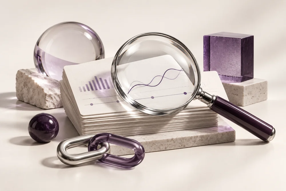 Magnifying lens over archival records, illustrating domain history research