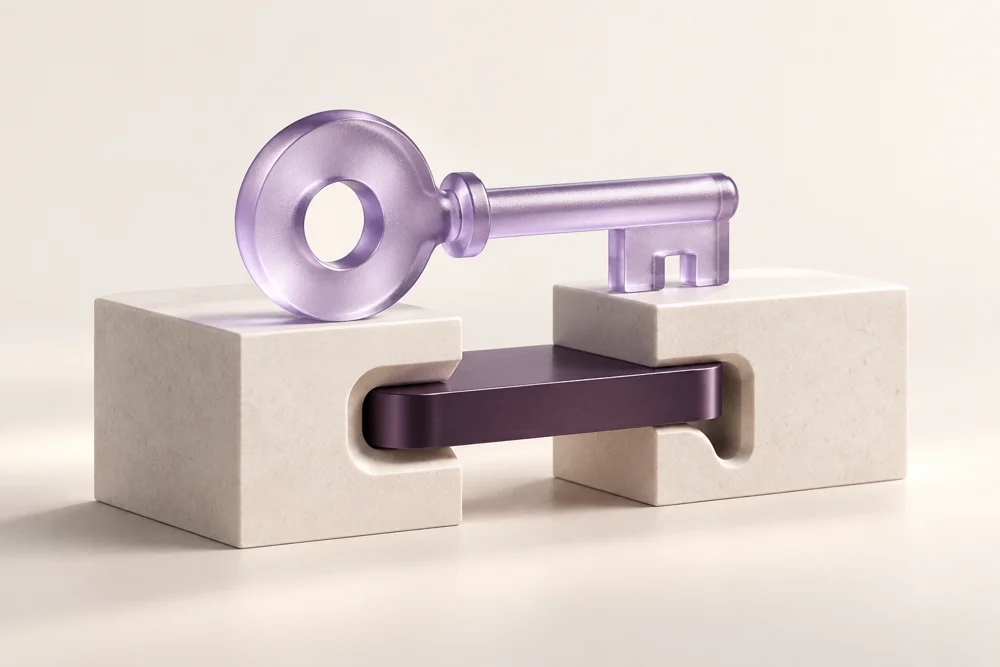 Lavender key and connected architectural blocks, illustrating ownership transfer